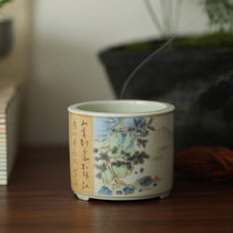 A stove of fragrance hand-painted green landscape small ceramic high-foot incense burner gift box full hand-made fun