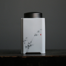 Mozhu tea jar hand-painted literati tea ware white porcelain square tea warehouse tin cover double cover sealed can idle fun