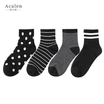 Black socks womens mid-tube socks spring and autumn thin Korean college style socks ins tide womens wild polka dot striped socks