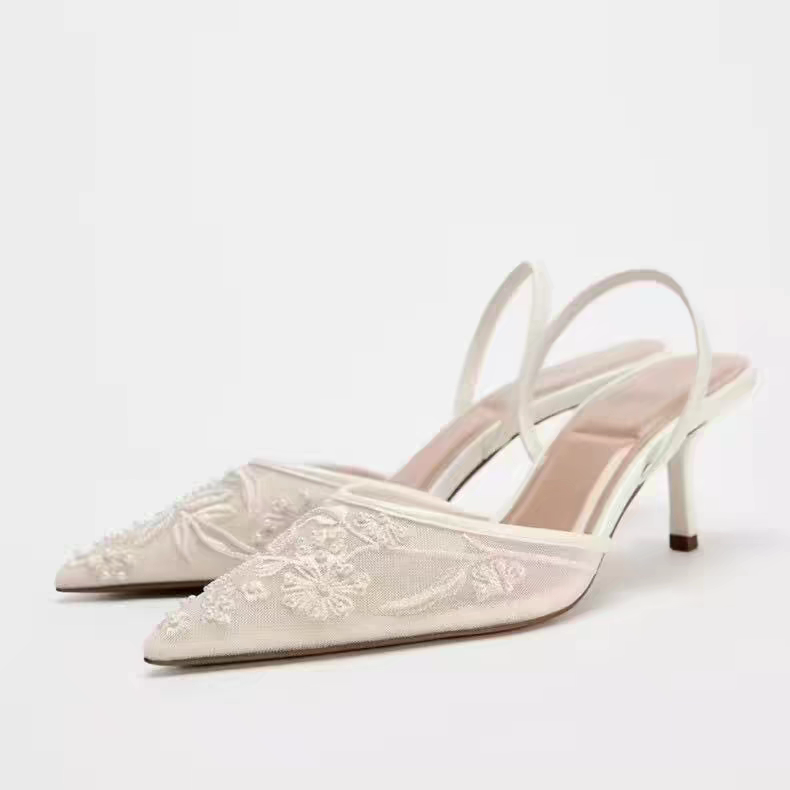 Spanish 2024 Autumn and Winter New Pointed-Toe Shallow Women's Shoes White Embroidered Mesh Stiletto Heel Slingback Mules Sandals