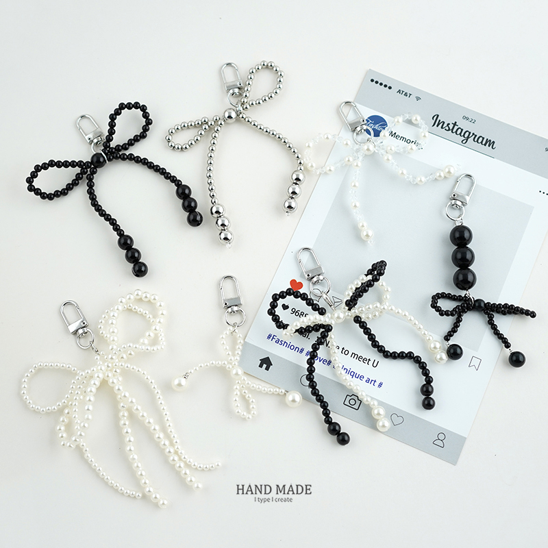Korean Blogger's Same Style Niche Design Fashionable Pearl Bow Pearl Phone Charm Keychain Winter Car Accessory