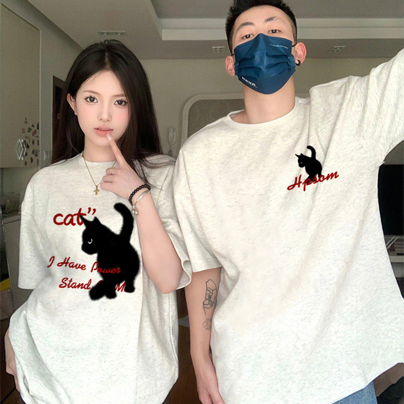Trendy Couple Matching Black Cat Design Short-Sleeve T-Shirts for Men and Women, 2026 New Summer Pure Cotton Half-Sleeve Trendy Couple Matching Black Cat Design Short-Sleeve T-Shirts for Men and Women, 2026 New Summer Pure Cotton Half-Sleeve