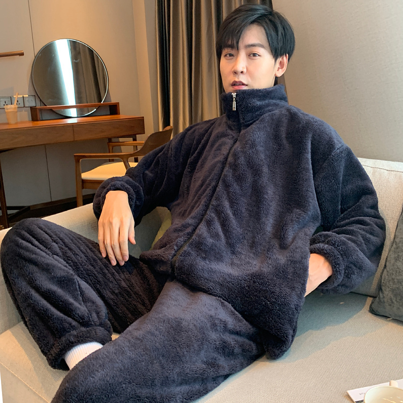 Men's Pajamas Autumn and Winter Coral Velvet Thickened Fleece Large Size Youth Home Wear Zipper Flannel Couple Set