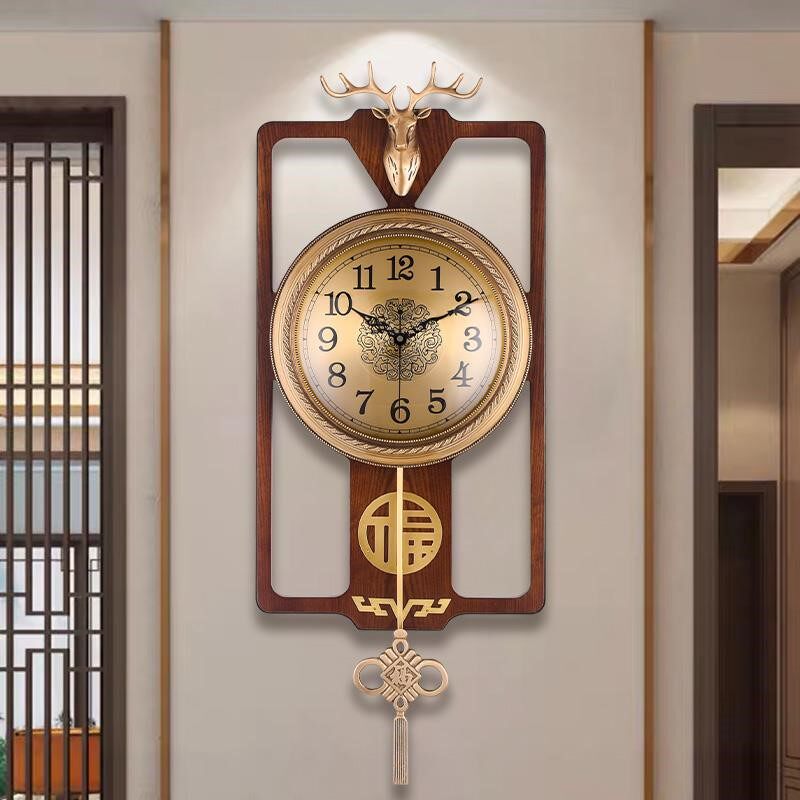 Deer head New Chinese hanging bell Living room China Wind pure copper hanging wall quartz clock Table Home hanging table Atmospheric solid wood clock