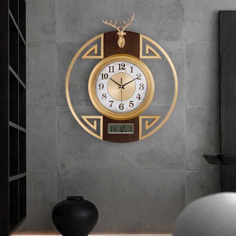 Nordic style pure copper deer head and watch hanging clock living room Chinese wind creativity fashion clock muted light and luxurious atmosphere hanging table