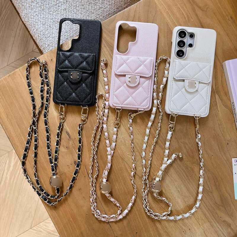 Small Chanel-Style Quilted Caviar Phone Case Suitable for Samsung S24 Ultra with Crossbody Chain and Card Slot, Huawei P70