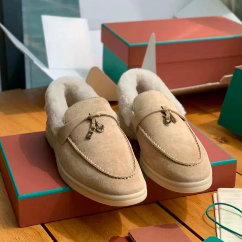 Suede Lp Fuzzy Loafers for Women, Winter 2023, with Tassels and Buckle, Warm and Plush Slip-On Flat Lazy Shoes