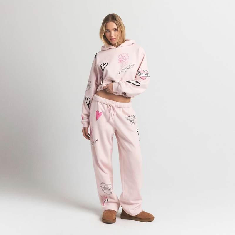Skims Online Store Valentine's Day Limited Edition Pink Heart Graffiti Zipper Hoodie Sweatshirt Straight-Leg Pants Set