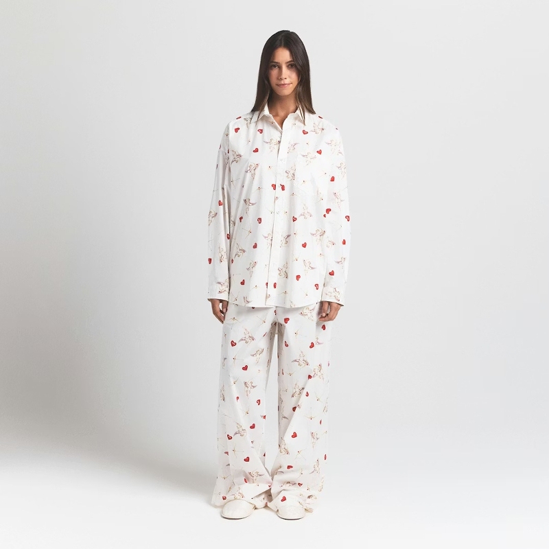 Skims Online Store 26 Summer, Autumn, and Winter Special Peach Heart Long-Sleeve Loose Button-Down Shirt Pajamas Long Pants Home Set