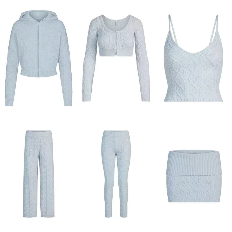 Skims Online Store Blue Cable Knit Hooded Zip-Up Sweater Suspender Pants Women's Autumn Set Sweater