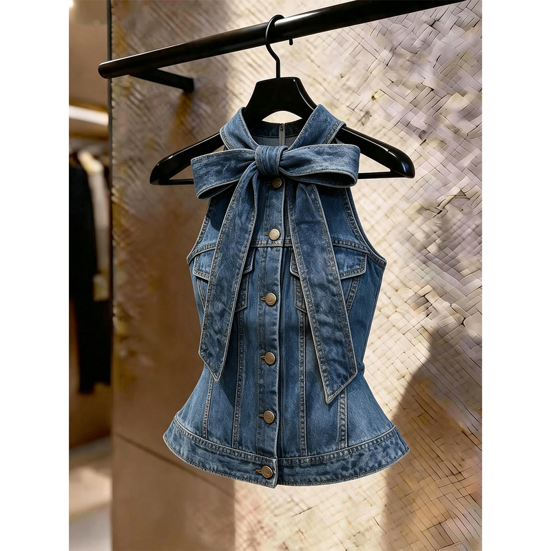 American Retro Hot Girl Denim Vest for Women 2026 Autumn Thin Sweet Cool Style Big Bow Outerwear Vest Top American Retro Hot Girl Denim Vest for Women 2026 Autumn Thin Sweet Cool Style Big Bow Outerwear Vest Top