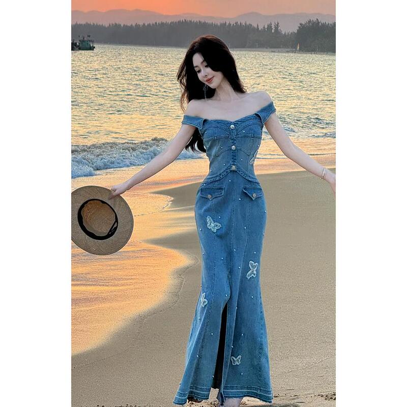 French-Style Elegant Long Dress with a High-End, Sophisticated, Luxurious Feel, Full of Charm, Off-The-Shoulder Denim Dress for Summer French-Style Elegant Long Dress with a High-End, Sophisticated, Luxurious Feel, Full of Charm, Off-The-Shoulder Denim Dress for Summer