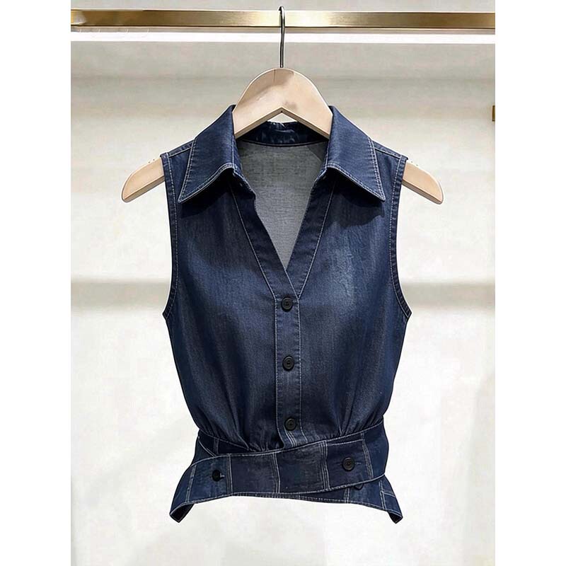 2026 New Summer Commuter Style Casual Versatile Loose Fashion Design Slimming Denim Sleeveless Vest Shirt 2026 New Summer Commuter Style Casual Versatile Loose Fashion Design Slimming Denim Sleeveless Vest Shirt