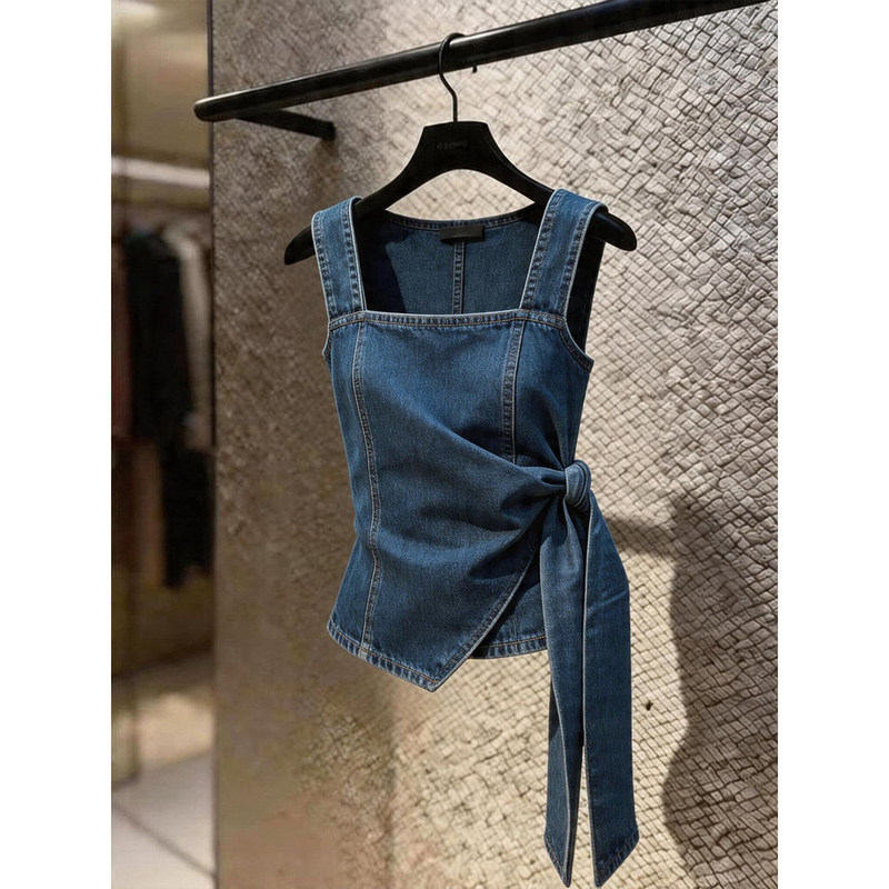 Sleeveless Blue Denim Lace-Up Vest for Women, New Summer Style with a Waist-Cinching Design, French-Style Chic and Versatile Shirt Sleeveless Blue Denim Lace-Up Vest for Women, New Summer Style with a Waist-Cinching Design, French-Style Chic and Versatile Shirt