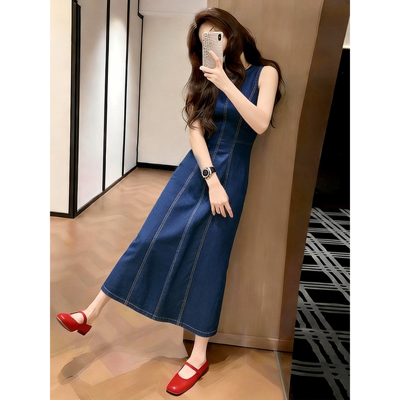 2026 Summer Fashion Commuter Style Blue Denim Dress Summer High-End Sleeveless Long Dress A-Line Dress