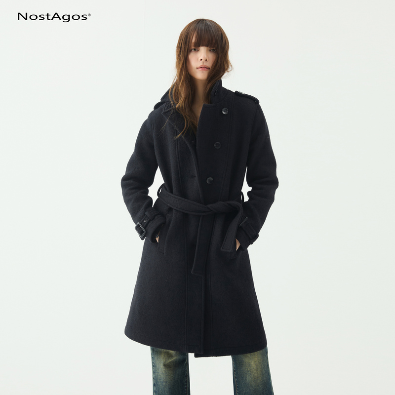 Nost Agos Retro Straight-Shoulder Wool Stand-Collar Coat Black Diagonal-Breasted Long Woolen Coat