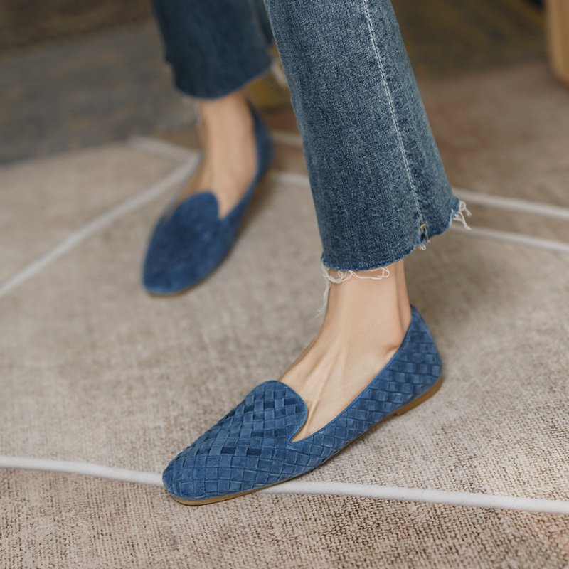 ins is great to wear~ New genuine leather square-toe loafer lazy slip-on woven flat shoes women's grandma shoes