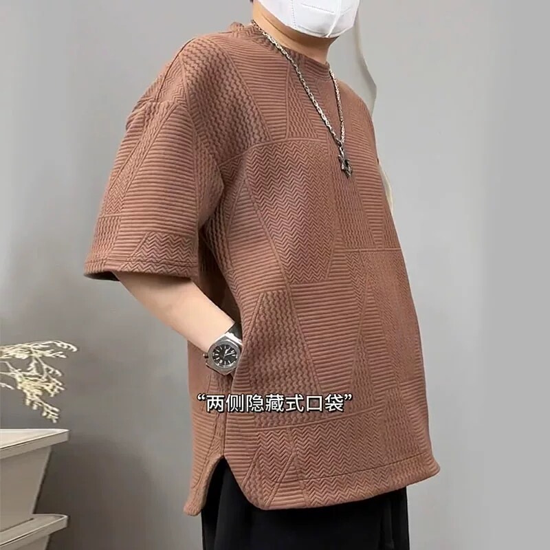 Embossed Texture Print Hidden Pocket Short-Sleeve Men's Crew Neck Loose Summer T-Shirt Trendy Fashion Versatile Half-Sleeve