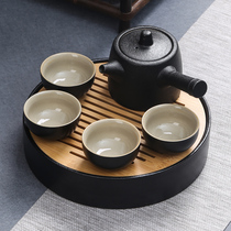 Black pottery tea set Household simple ceramic teacup Travel office Kung Fu tea set Dry tea tray LOGO custom