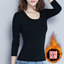 Low collar plus velvet black warm clothes base shirt Women autumn winter dress Foreign color slim velvet belt velvet interior long sleeve T-shirt thickened