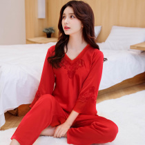 Homewear 2021 new pajamas women spring and autumn ice silk long sleeves wedding red newlywed home clothes ben life year tiger