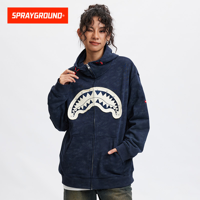 Sprayground Shark Mouth Patch Hooded Cardigan Sweatshirt Men's Autumn Loose Casual Trendy Hoodie Top