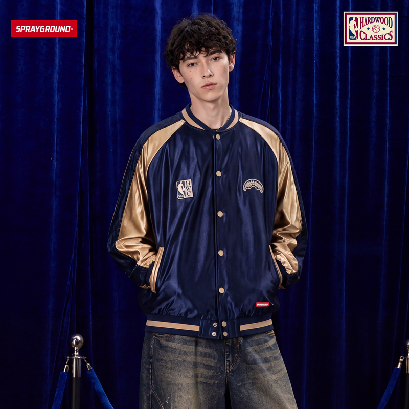 Sprayground丨Nba Hwc Co-Branded Satin Baseball Jacket for Men and Women, Autumn Couple Style Trendy Brand Jacket Sprayground丨Nba Hwc Co-Branded Satin Baseball Jacket for Men and Women, Autumn Couple Style Trendy Brand Jacket