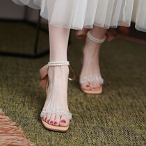 Crystal jelly sandals 2021 new womens thick heel straps pearl bow fairy transparent high heels summer