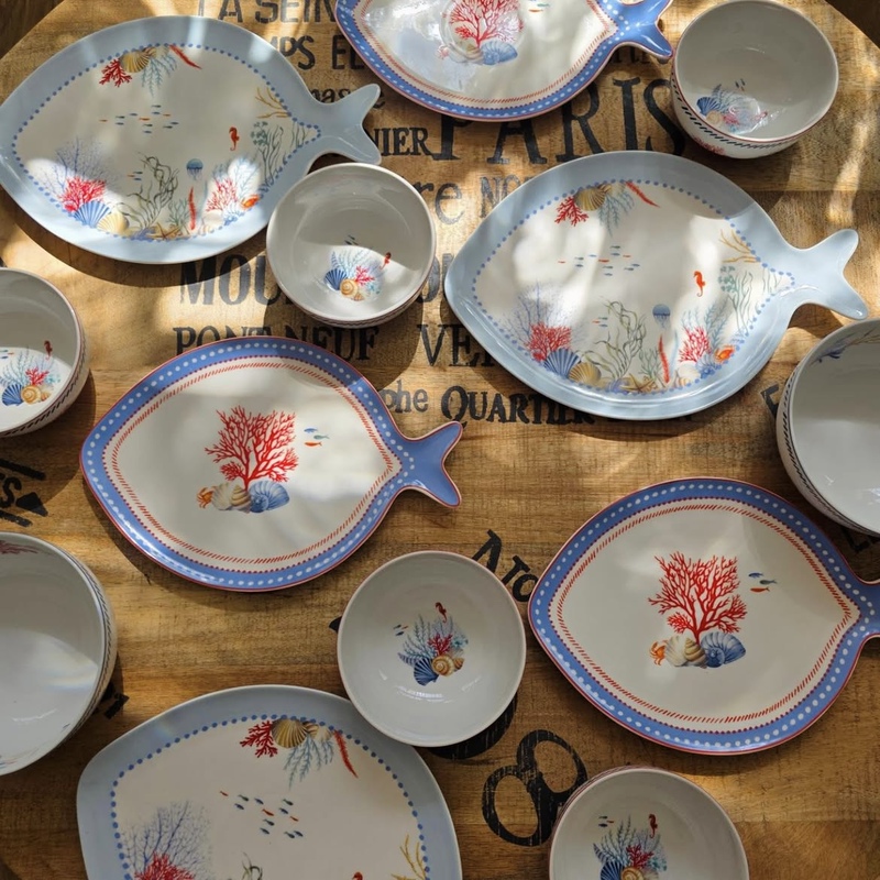 Foreign Trade Original Mediterranean-Style Ocean-Themed Dinner Plate, Steak and Pasta Plate, Dish Plate, Year-Round Abundance of Fish, Snack and Dessert Plate