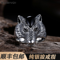 925 sterling silver black agate wolf head ring male domineering fight self-defense tide Retro Thai silver single mens ring silver ring