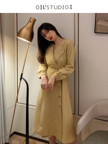 French dress female design sense niche autumn new single-breasted temperament waist windbreaker jacket belt skirt