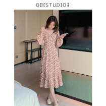 Japanese gentle wind dress summer 2021 French floral loose temperament long sleeve careful machine square collar flower skirt