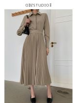 2021 summer new womens dress light mature style waist long sleeve long French shirt pleated skirt