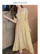 Niche dress design sense long dress sweet elegant lapel flower gentle style yellow retro temperament female