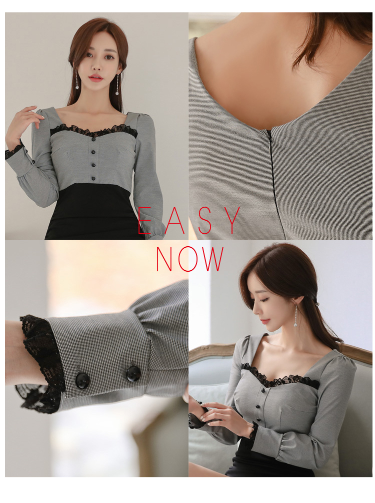 DABI 韓國風名媛氣質格子拼接包臀長袖洋裝