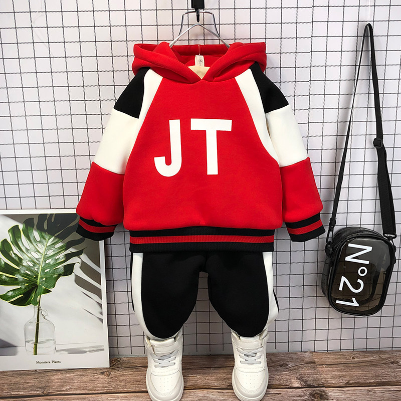 Boys autumn and winter suit plus thicken jacket two pieces of 2022 new handsome boys boys dress red