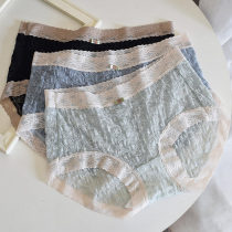 Summer waist thin bubble lace silk crotch high elastic bag hip underwear women sexy breathable breifs Black