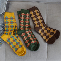 Mori autumn and winter thick line retro socks children diamond-shaped grid socks college style Japanese series stockings ladies warm socks