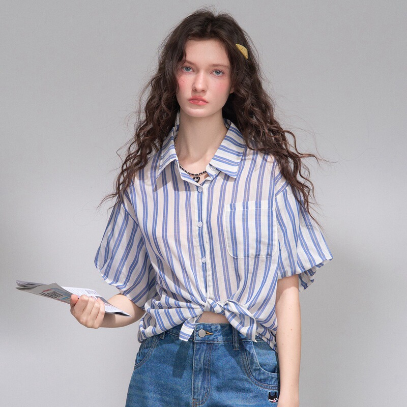Authentic Discount Store Simple Striped Puff Sleeve Shirt Women's Shirt