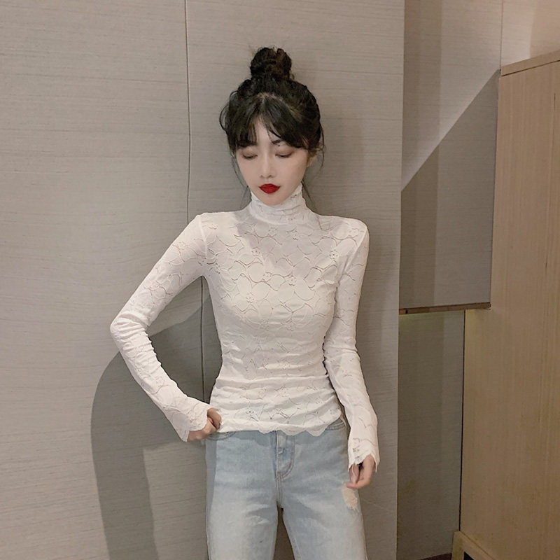 White Lace Jersey Undershirt Female Ocean Pie Autumn Winter 2022 New Inner Hitch Hollowed-out Sexy Tights High Collar