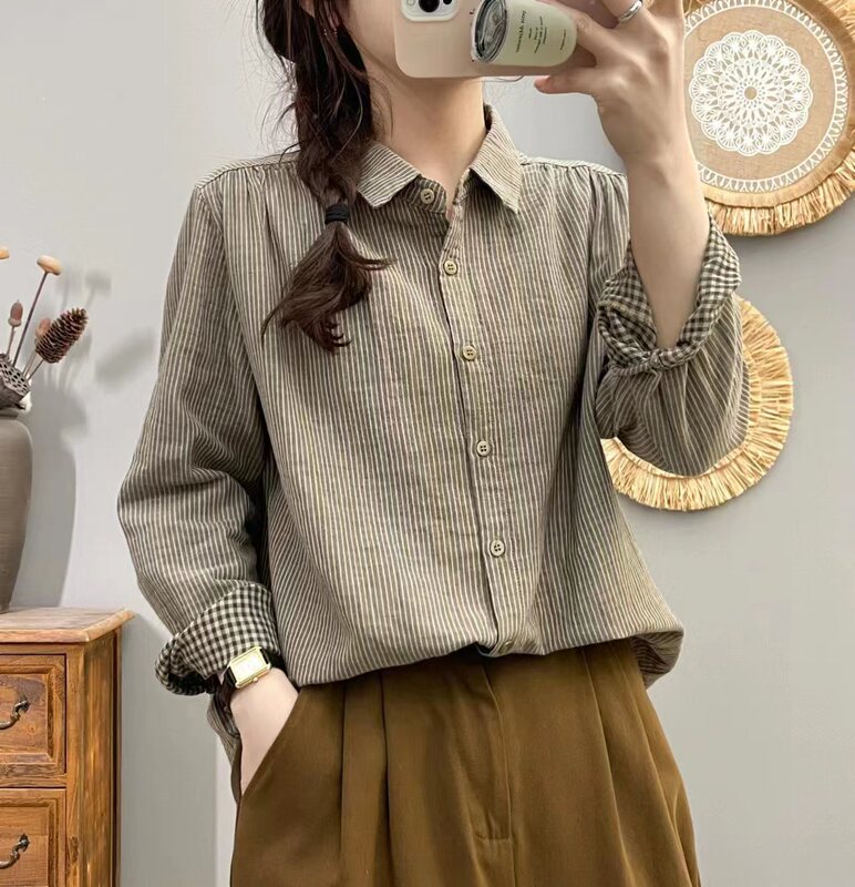 Pure Cotton Vintage Striped Shirt for Women, Double-Layer Cotton Gauze Long-Sleeve Shirt, New Versatile Shirt for Spring and Autumn