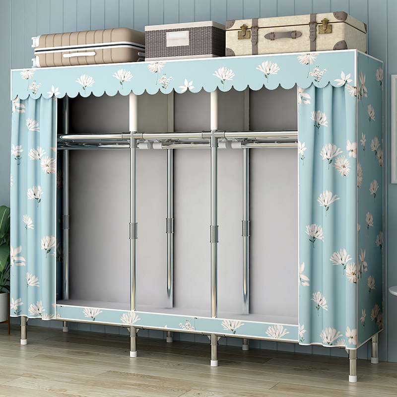 Simple wardrobe sturdy and durable household thickened all-steel cloth wardrobe steel pipe bold reinforcement for rental housing storage