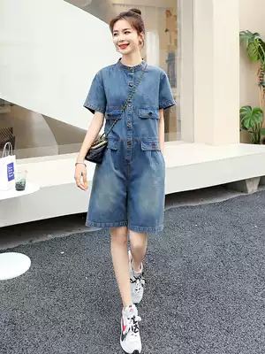 Retro denim jumpsuit shorts tide 2021 summer new European women foreign pie age reduction casual thin jumpsuit