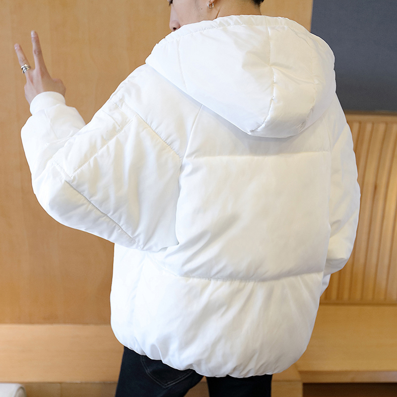 Winter Men's Hooded Short Thickened down Cotton Jacket for Male Students, White Large Size Couple's Cotton Coat, New Style Puffer Jacket