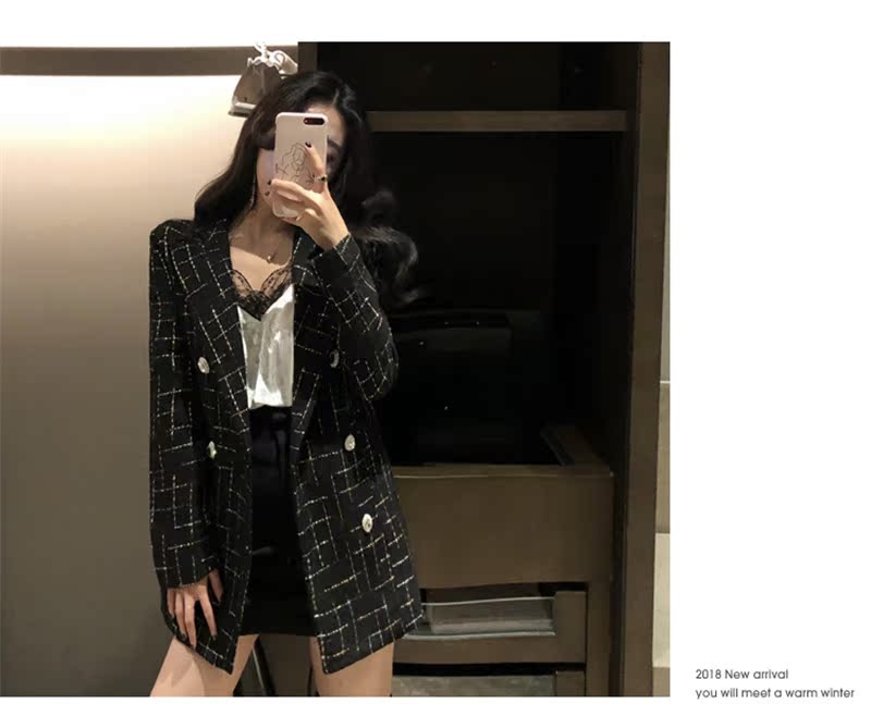 Mùa xuân mới của phụ nữ nhỏ hương gió tweed phụ nữ tính khí retro phù hợp với cổ áo hoang dã áo khoác dài giản dị - Áo khoác dài áo dạ nữ đẹp