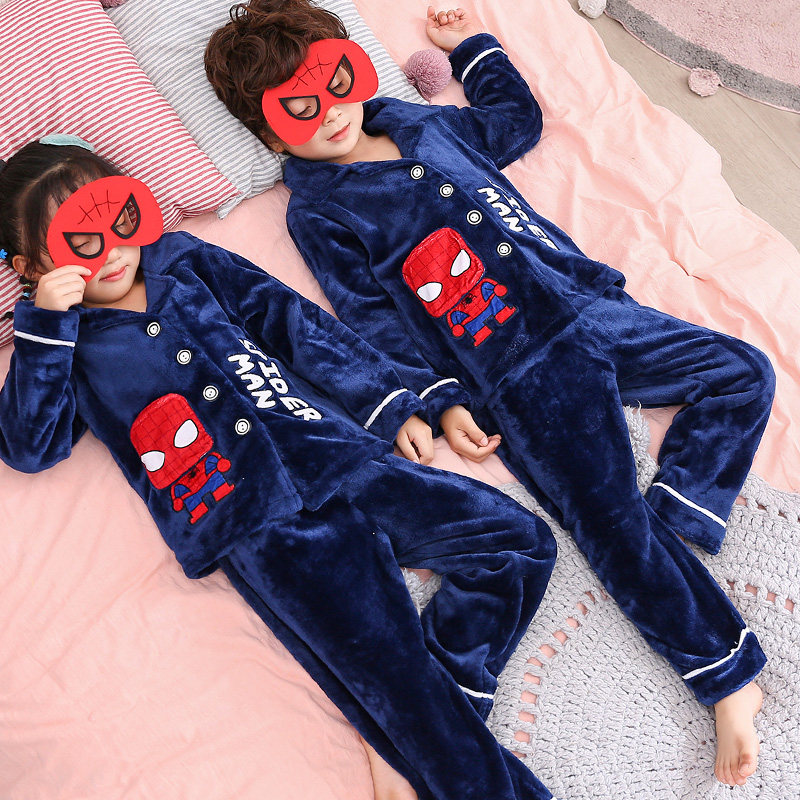 Spider-Man Children's Pajamas Françoise Boy Fall Winter Thickness Coral Boy Big Boy Household Clothes Winter