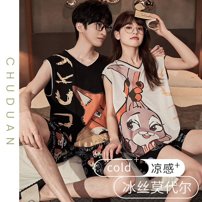 Modal 2025 New Style Couple's Pajamas Women's Summer Thin Sleeveless Ice Silk Men's Loungewear Set