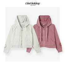 GinGinKing Long sleeve pocket zipper loose hooded embroidery short sweater