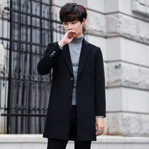 Mens wool coat long Korean version of winter velvet thickened trend Ni Zi no cashmere windbreaker jacket