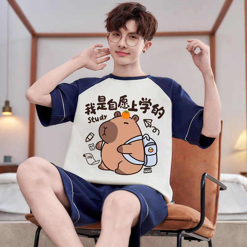 Summer New Style Boys' Kapibara Pure Cotton Short-Sleeved Pajamas Set for Teenagers, Junior High School Students, Large Size Home Clothes Summer New Style Boys' Kapibara Pure Cotton Short-Sleeved Pajamas Set for Teenagers, Junior High School Students, Large Size Home Clothes
